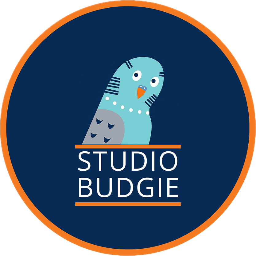 Budgie sitting inside a blue circle with orange border