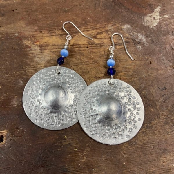 Hammered aluminium disc with blue beads earrings.