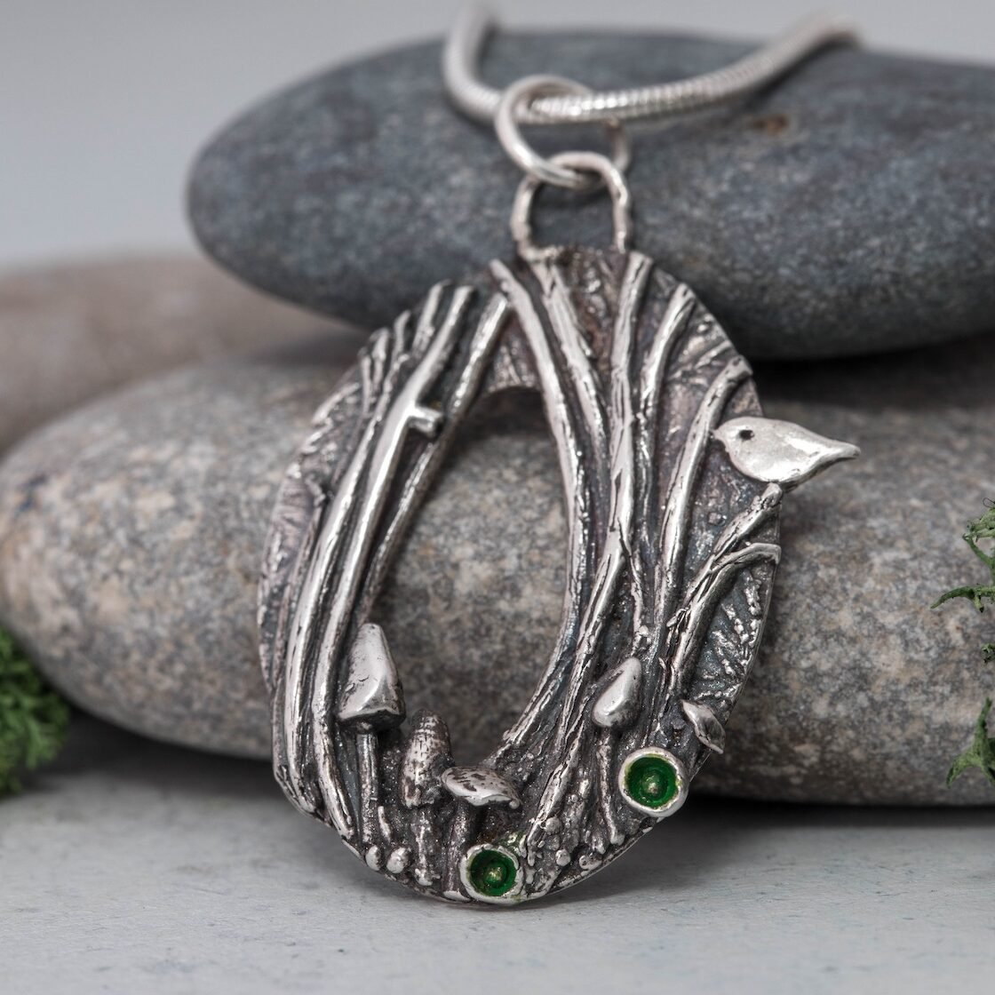 Woodland themed silver art clay pendant