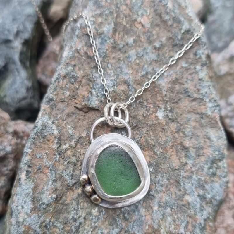 Silver, gold and sea glass pendant