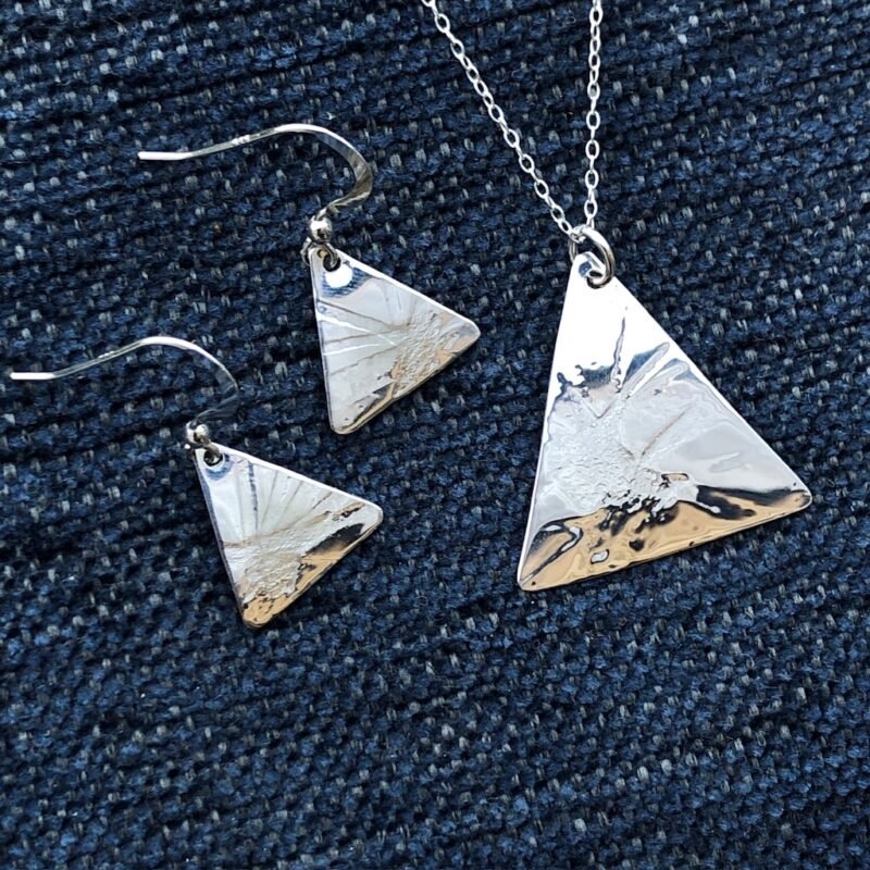 Silver pendant and earrings, triangle shaped with texture