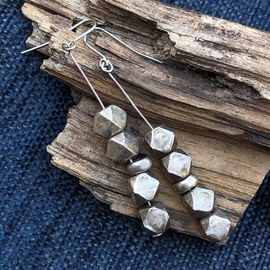 Long dangly earrings with geometric beads